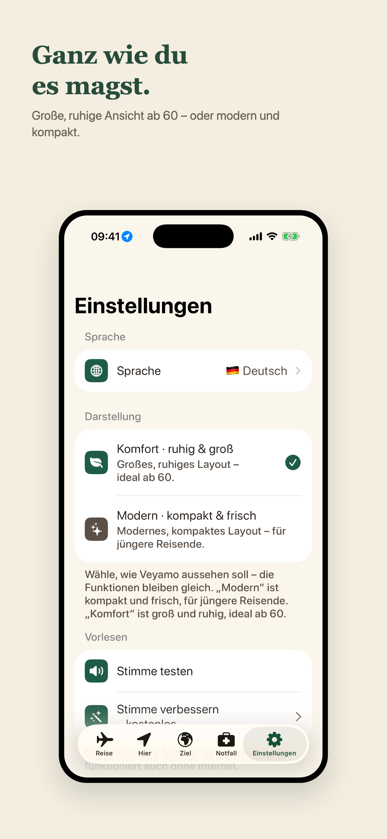 Einstellungen – große, ruhige Ansicht ab 60 oder modern und kompakt